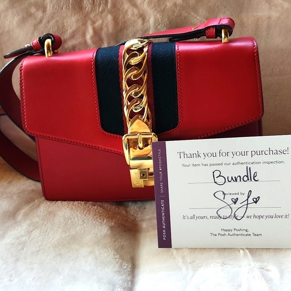 Gucci Red Calfskin Leather Small Sylvie Shoulder Bag - Picture 12 of 12